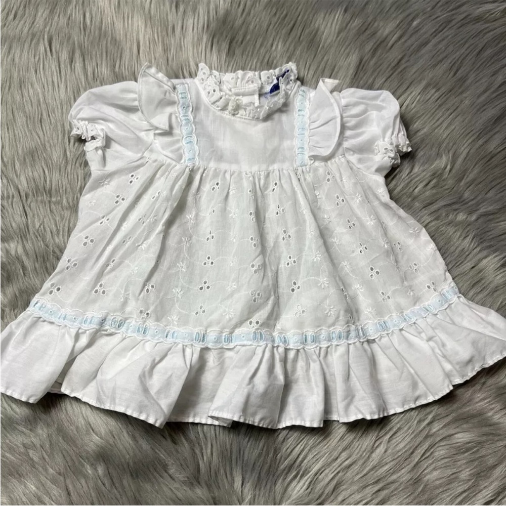 Vintage Haddad Brothers Baby Girls White Blue Eyelet Lace Ruffle Dress